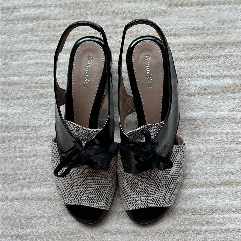 EUC Beautifeel Slingback Peep Toe Lace up Sandals Black Patent Dots EU 40 US 9.5
